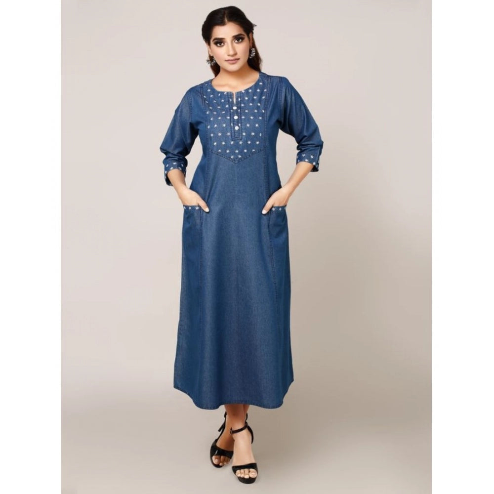 Casual Denim Embroidery 3-4th sleeve A-line Dress