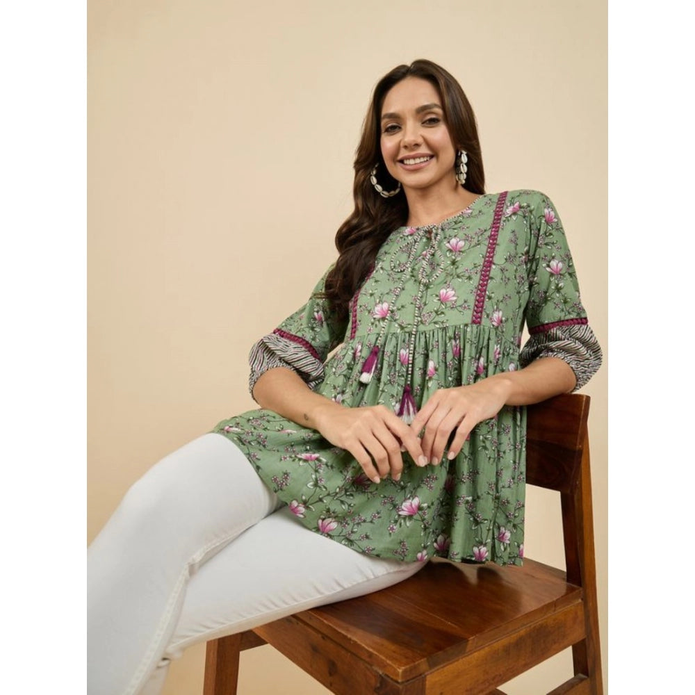 Casual Cotton Floral Printed 3-4th Sleeve Western Wear Top