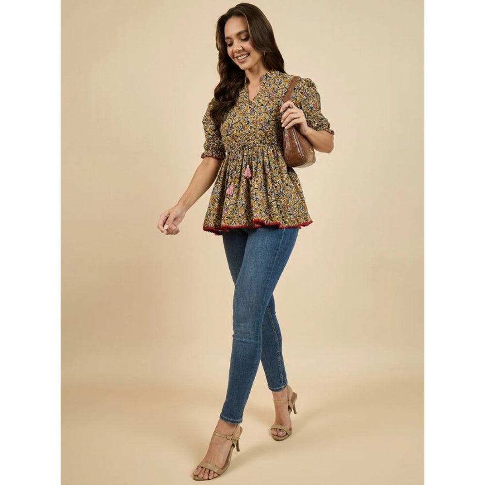 Casual Cotton Floral Printed 3-4th Sleeve Western Wear Top