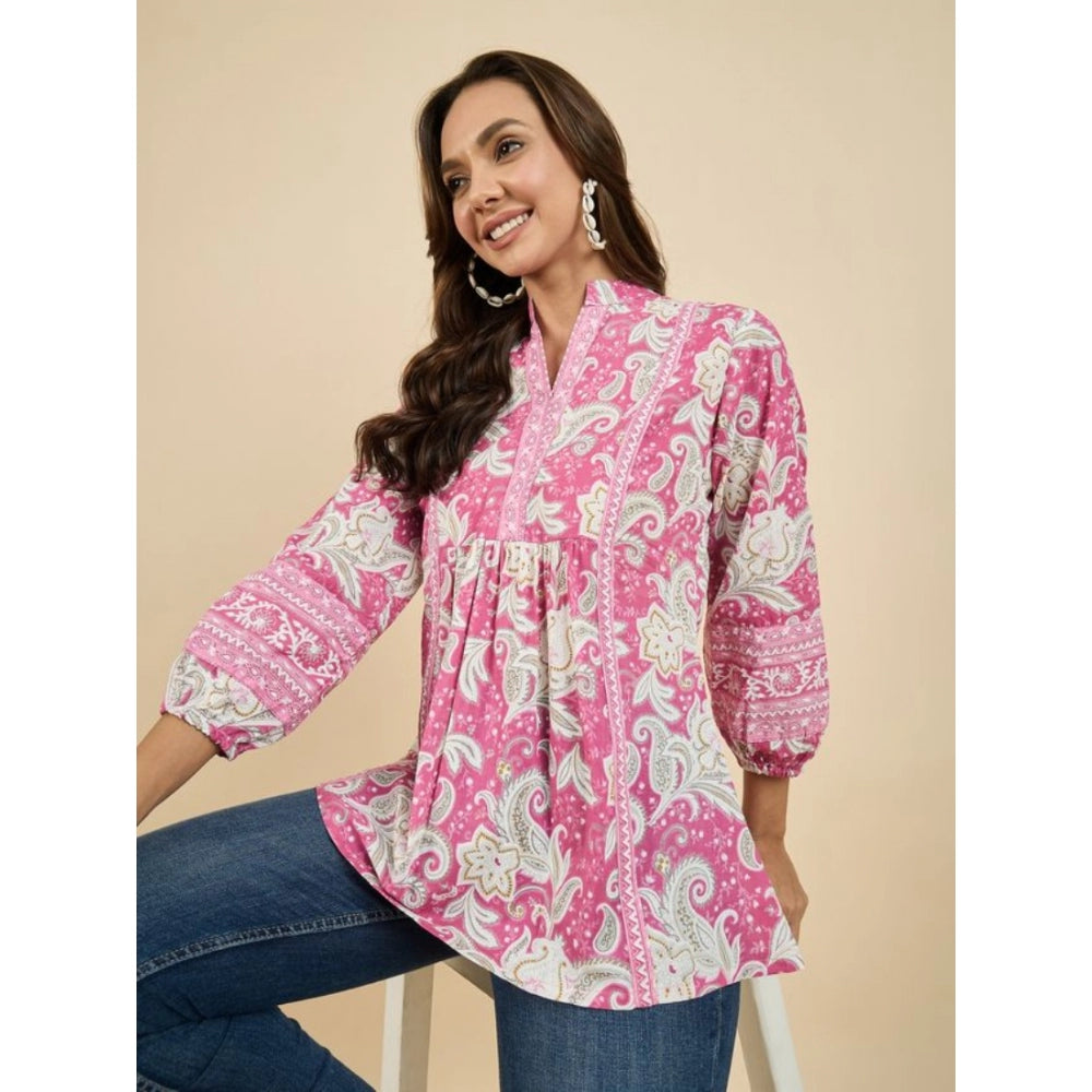 Casual Cotton Floral Printed 3-4th Sleeve Western Wear Top