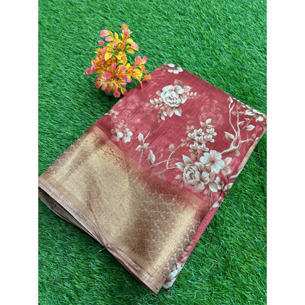 Rani Rangoli Linen Printed Saree With Unstitched Blouse